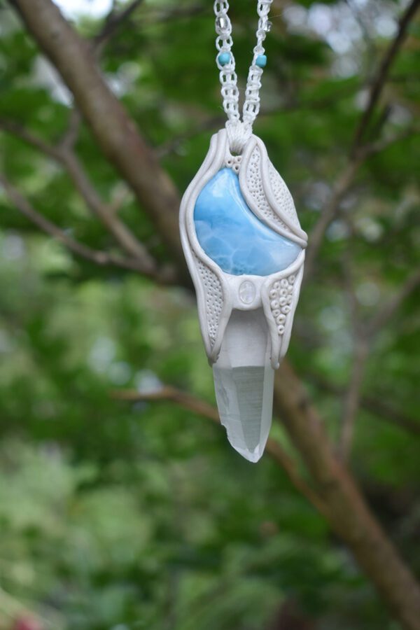 Larimar Moon Pendant with Lemurian Seed