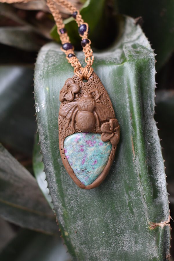 Bee with Ruby in Fuchsite Pendant